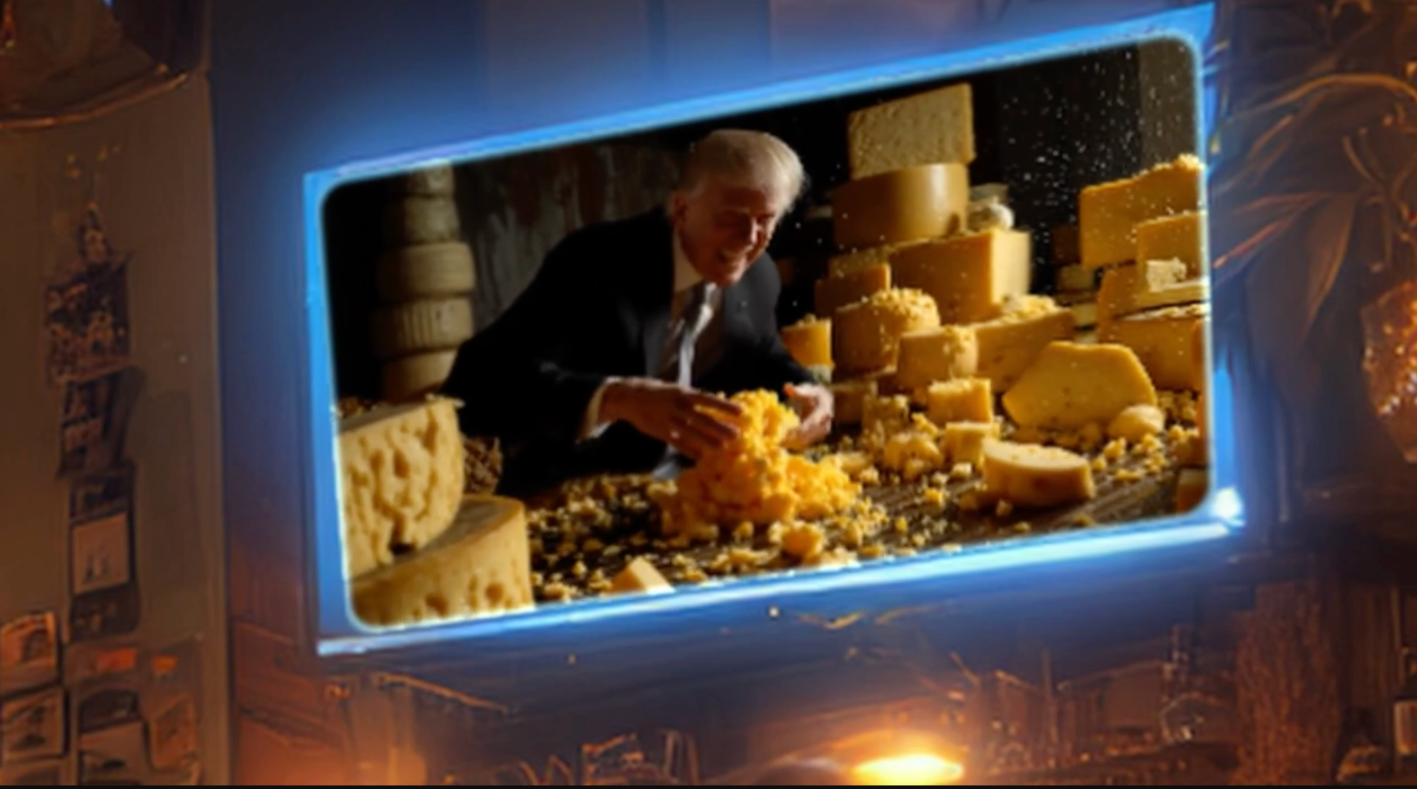 A fake picture of Donald Trump playing in cheese.