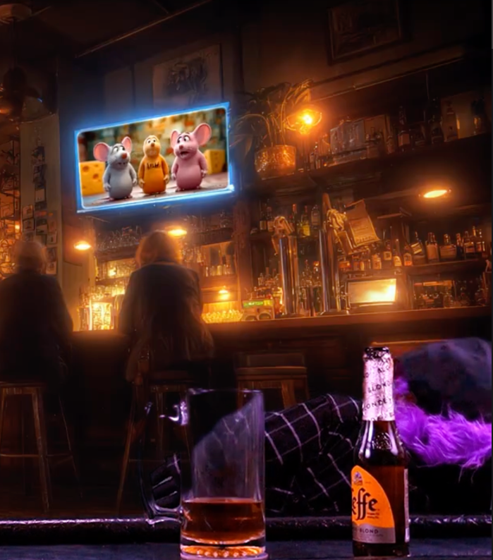 A puppet appears to be throwing up with two beers on a table and a tv has a picture of worried looking mice.
