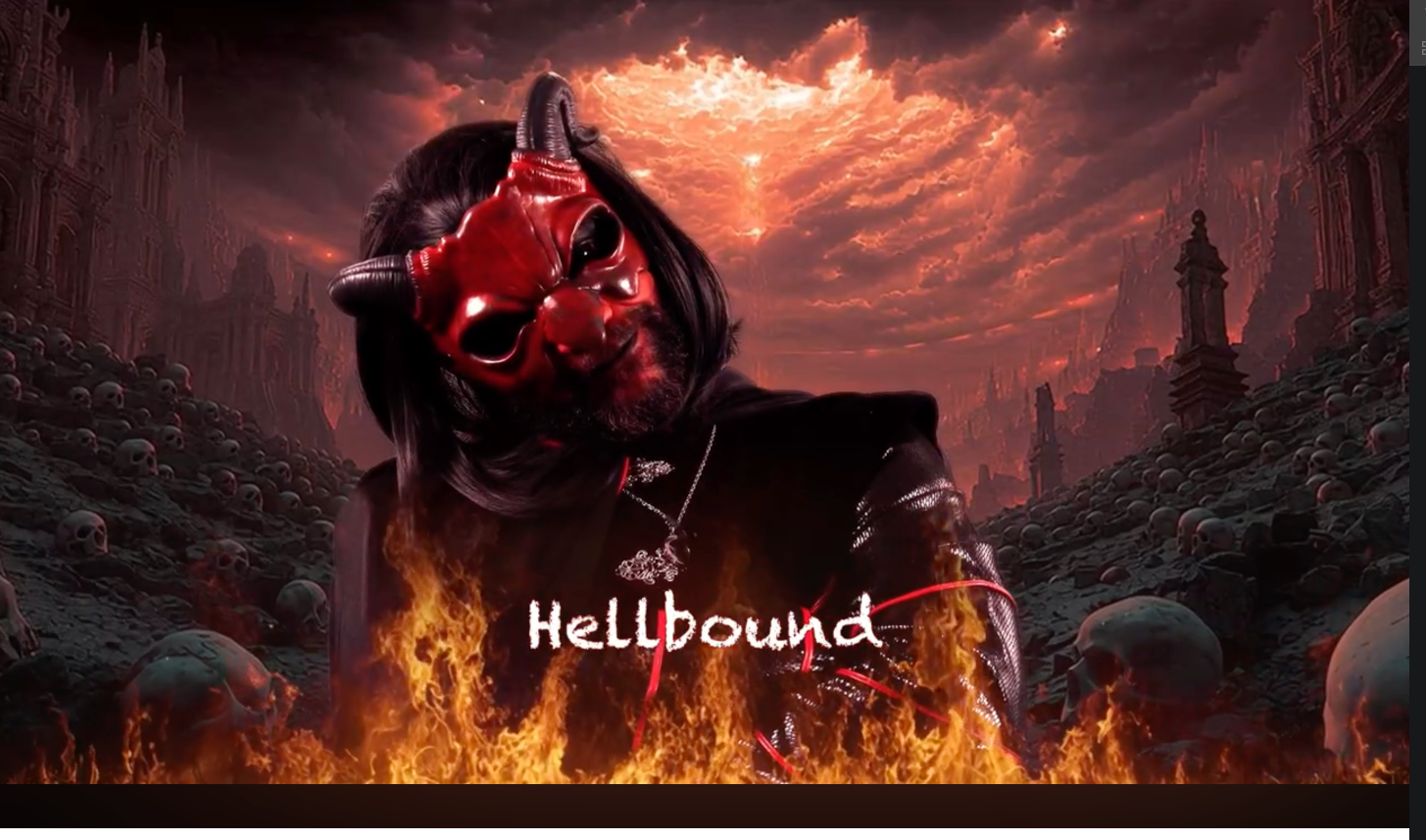 A man in a devil mask surrounded by skulls and flames.