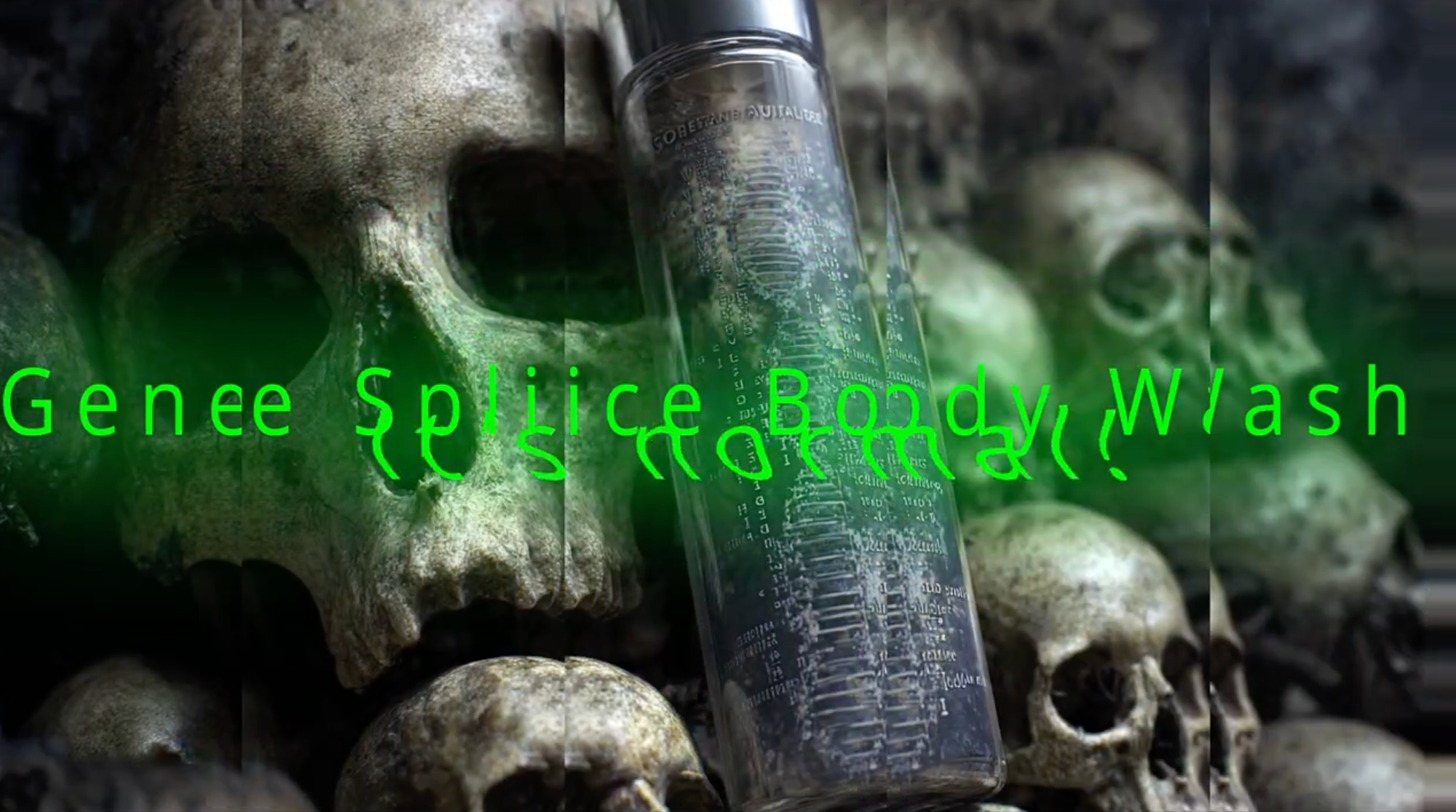 Gene Splice Body Wash text with a glass bottle surrounded by human skulls.