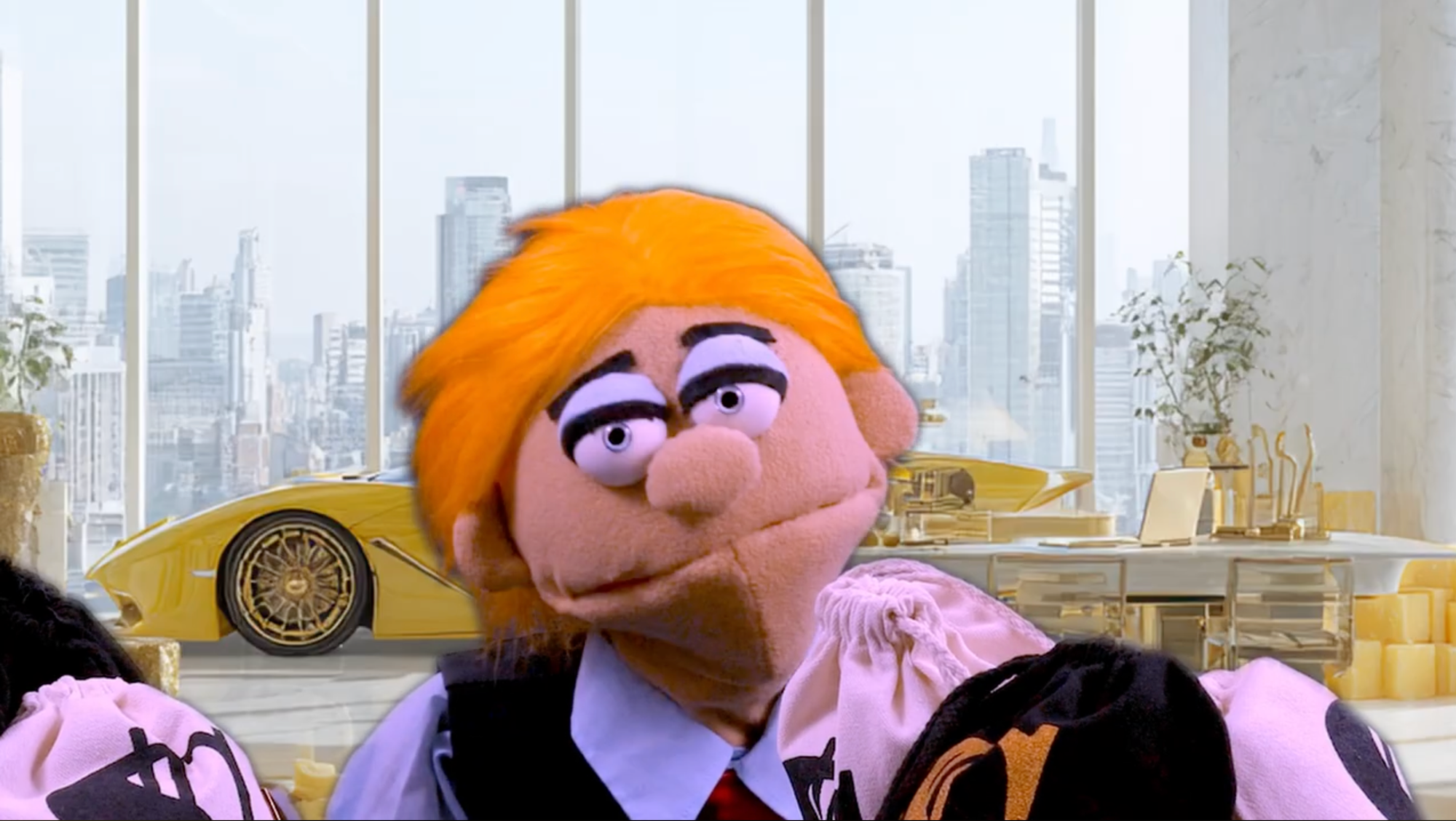 a smug puppet sits at a desk with bags that have dollar signs on them and a background full of cheese and an expensive car