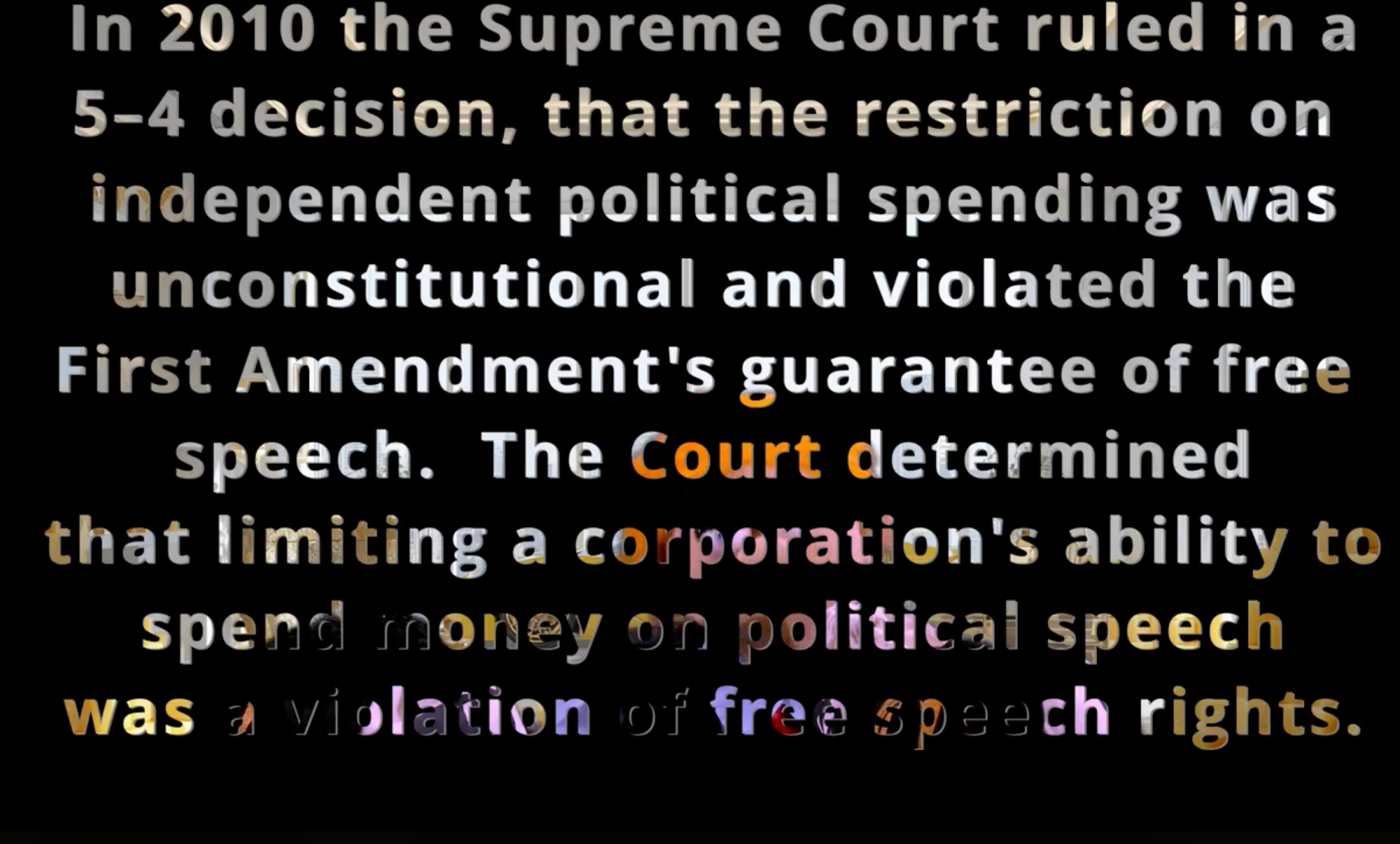 A text displaying the supreme court decision on Citizens United v. Federal Election Commission