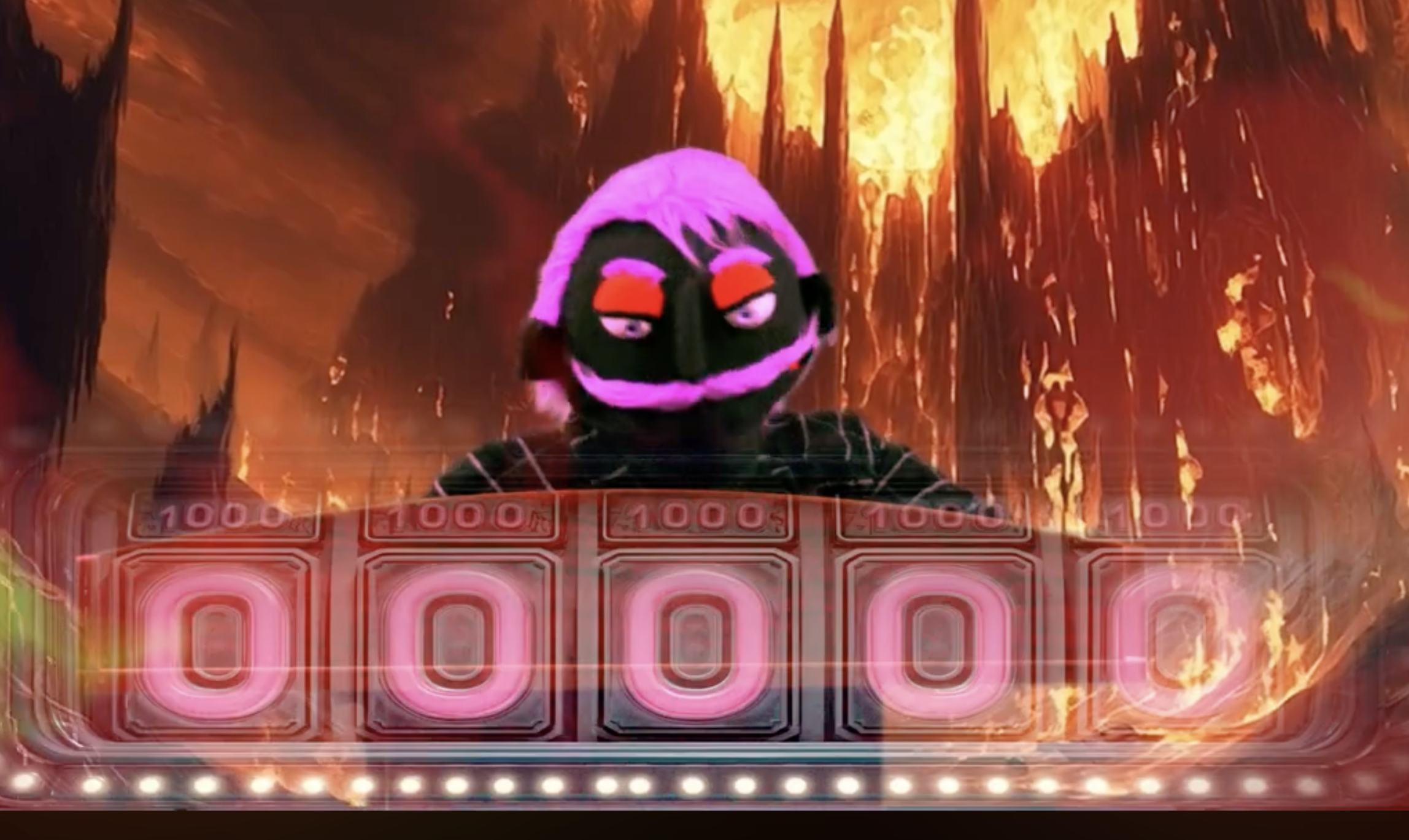 A puppet with purple hair surrounded by fire and hell with a score board marked with zeros.