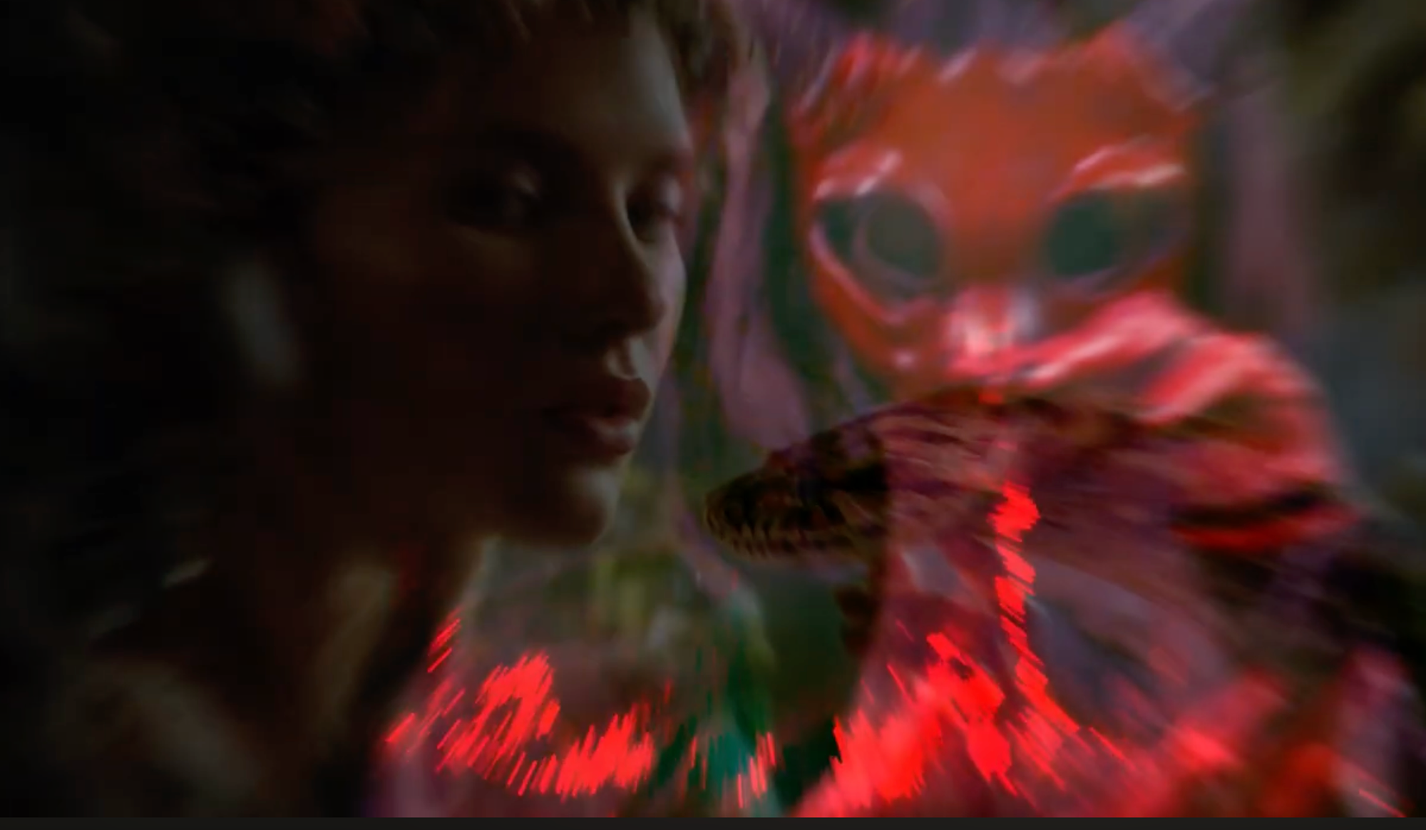 Eve from the bible with a snake and a deviled masked man in the background.