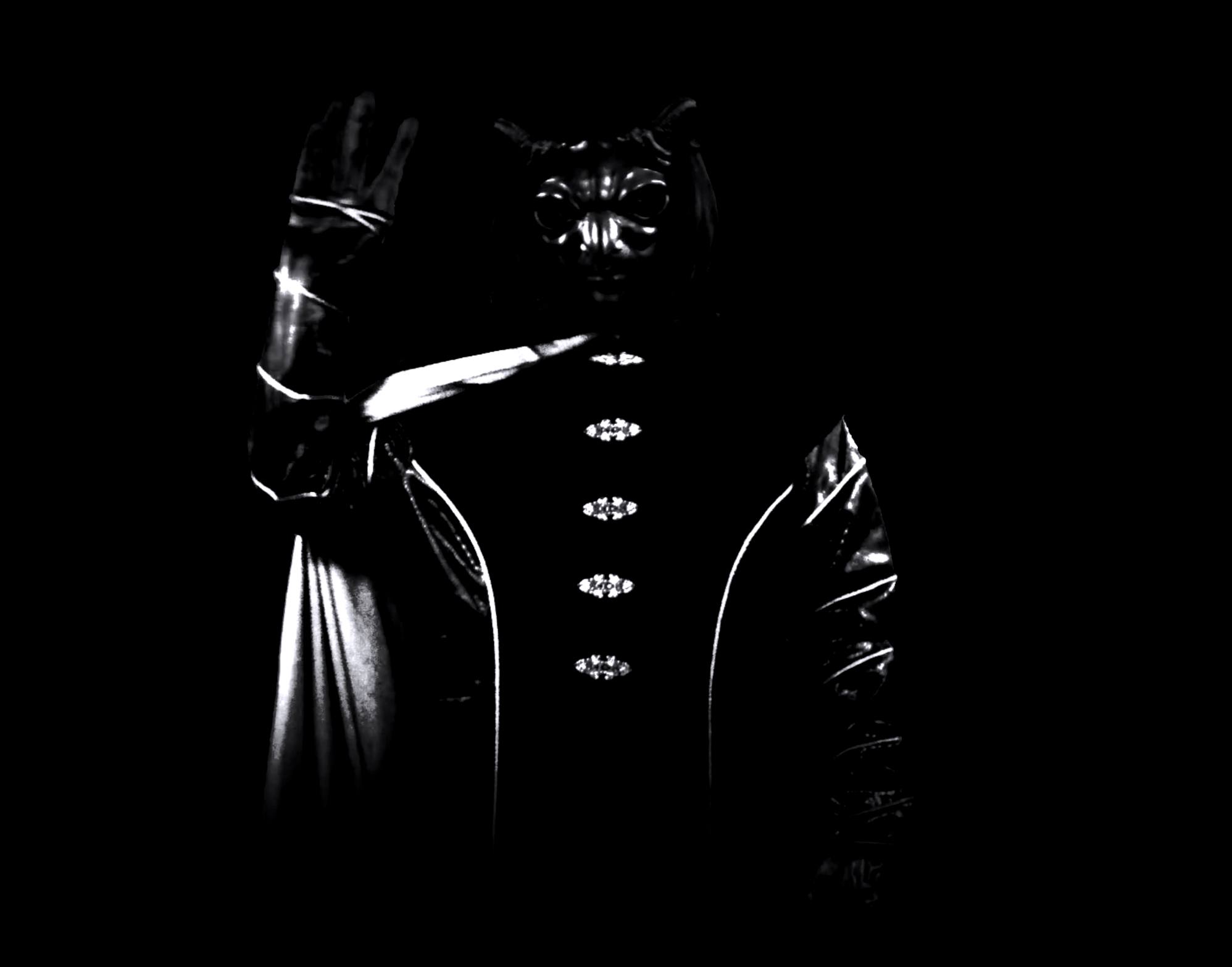 A black and white photo of mephistopheles waving goodbye