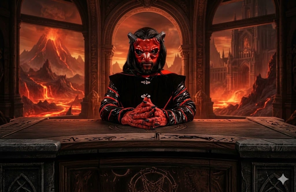 mephistopheles from the mephistopheles and friends show sits a a table in hell